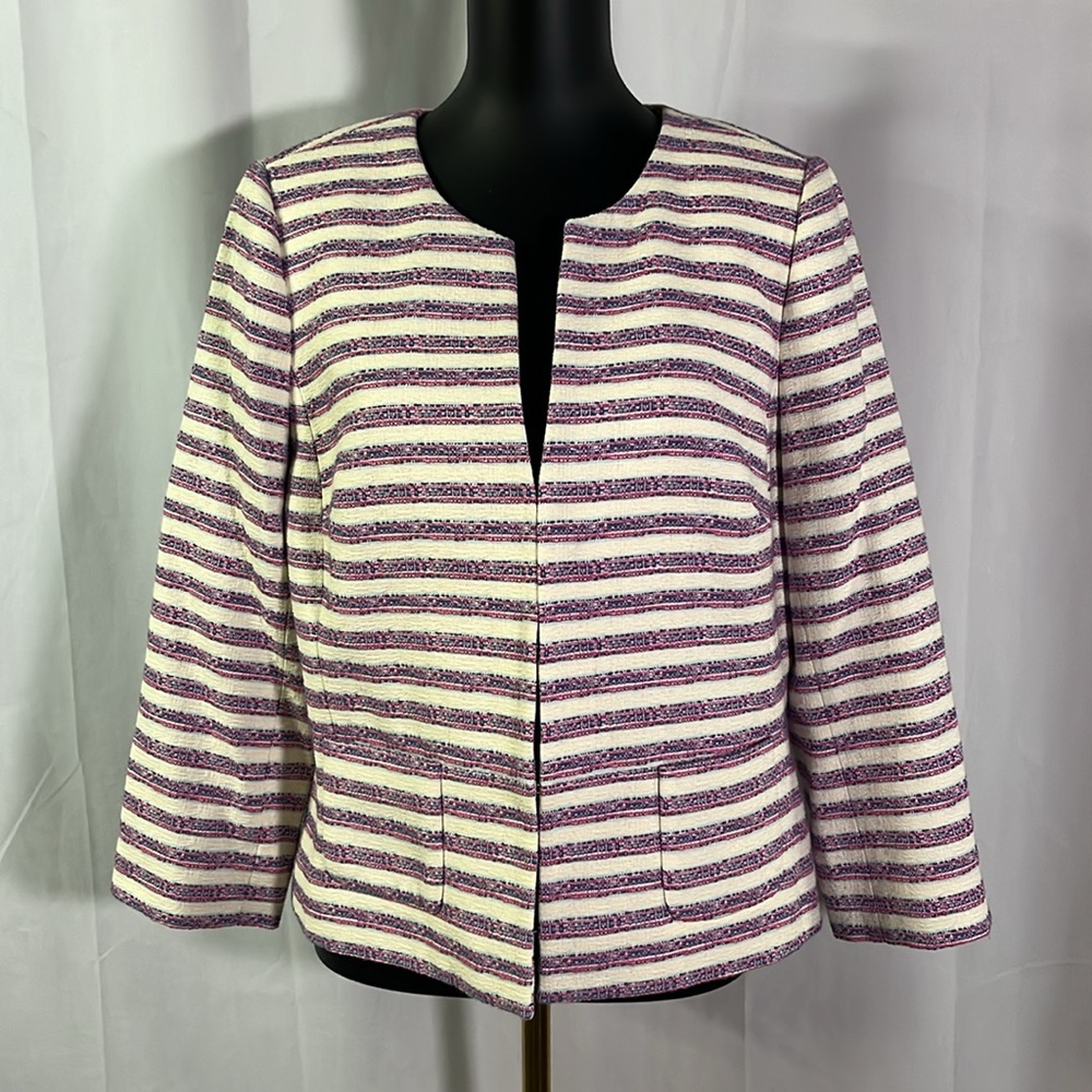 Talbots Pink Blue & White Textured Stripe 3/4 Sleeve Lightweight Jacket